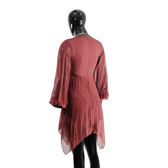 Burgundy Sheer Midi Dress with Flowy Sleeves & Wrap Front - Picture 3 of 6